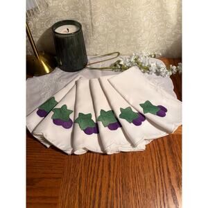 Set of 6 Vintage Cotton Napkins, Purple Fruit Appliqué, Scalloped Edge Linens